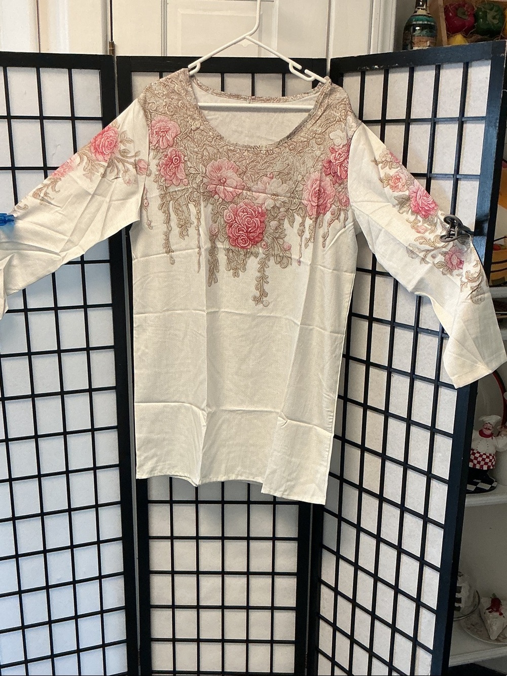 Embroidered Cream Tunic Top with Pink Floral Accents